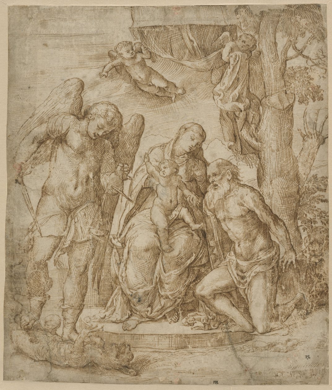 A Szűz és a Gyermek Szent Mihály és Jeromos, 1520-25 körül alkotó: Domenico Campagnola