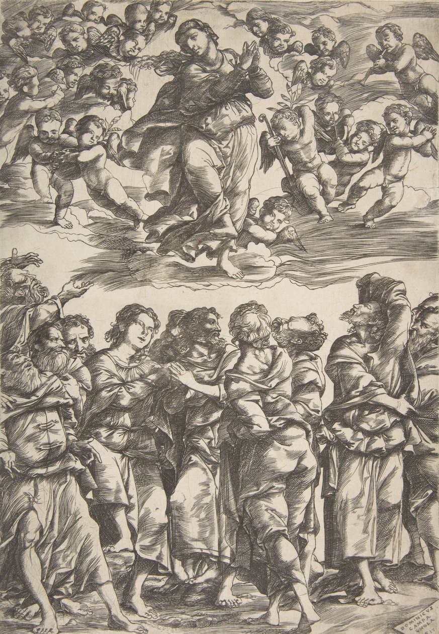 Felhőkben középen a Szűz, összekulcsolt kezekkel és felemelt jobb lábbal, körülvéve..., 1517. alkotó: Domenico Campagnola