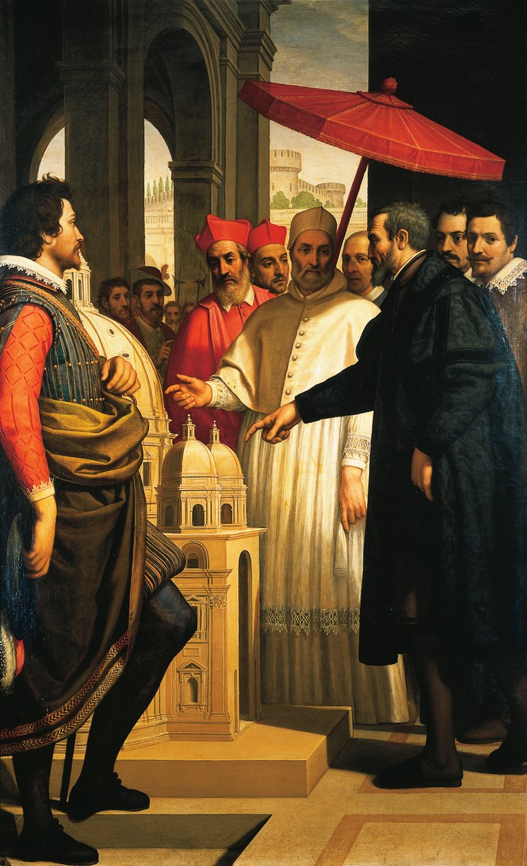 Michelangelo bemutatja a Szent Péter-templom befejezésének modelljét IV. Pius pápának alkotó: Domenico Cresti