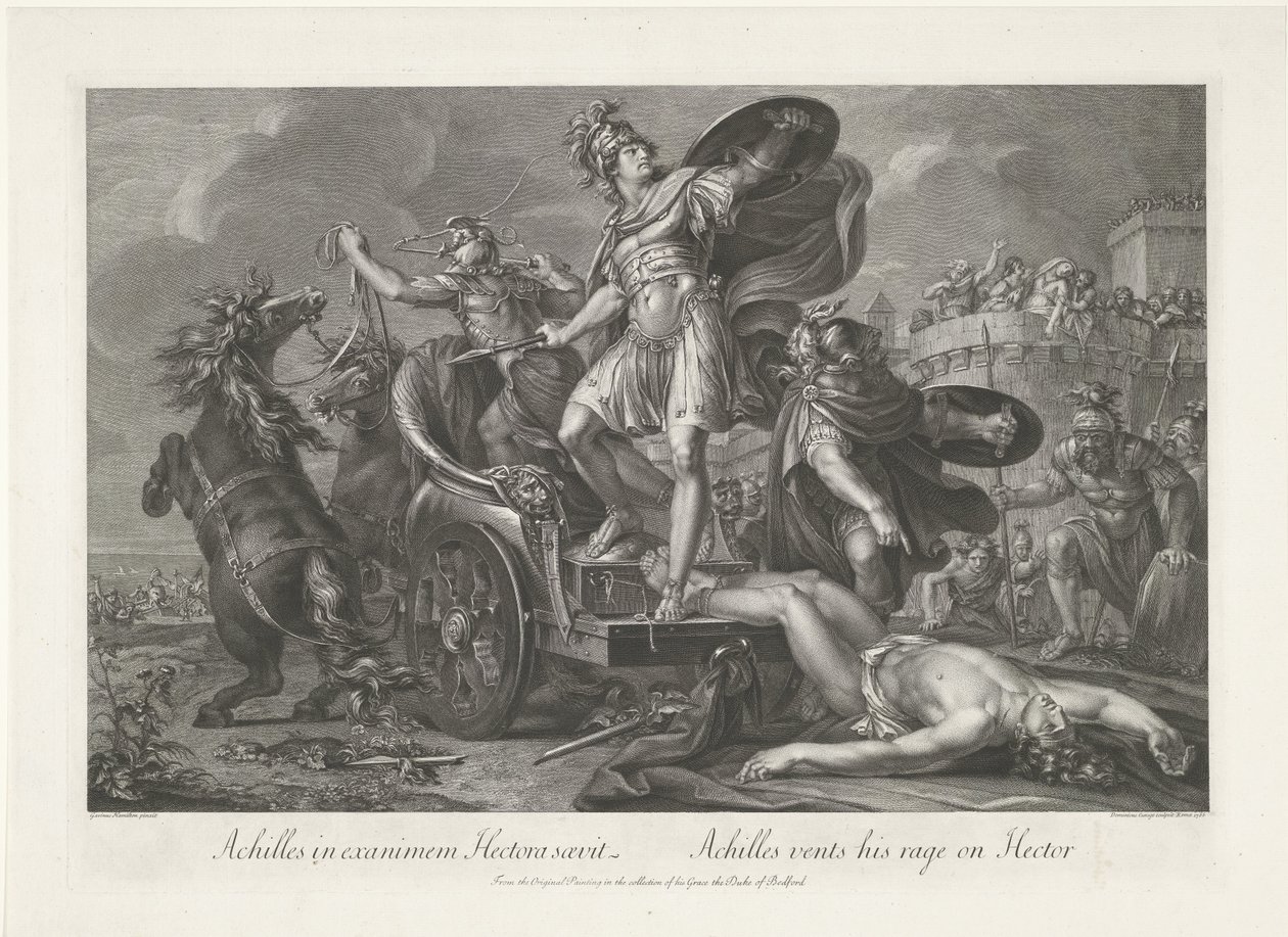 Akhilleusz a szekere mögé vonszolja Hektór holttestét Achilles in exanimem Hectora saevit / Akhilleusz Hektoron szeli ki dühét (cím a tárgyon) alkotó: Domenico Cunego