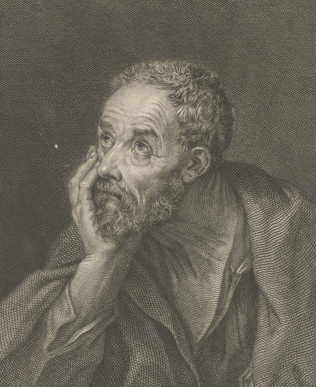 Egy idős, szakállas férfi fejét a jobb kezén támasztja, és felfelé néz balra, hátul..., 1775. alkotó: Domenico Cunego