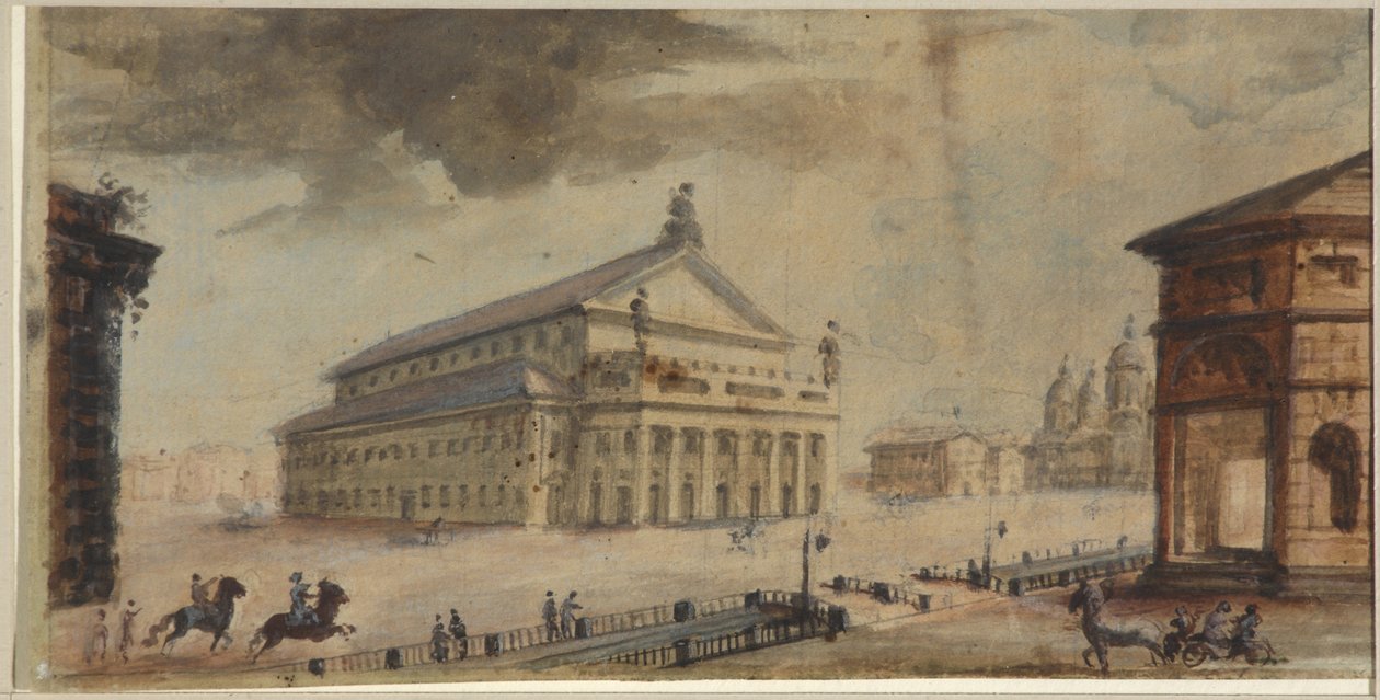 A szentpétervári császári Bolsoj Kamenny Színház - Domenico Felice Lamoni (1745-1830). Akvarell és fehér szín papíron, 1783 előtt. Szentpétervári Állami Történeti Múzeum alkotó: Domenico Felice Lamoni