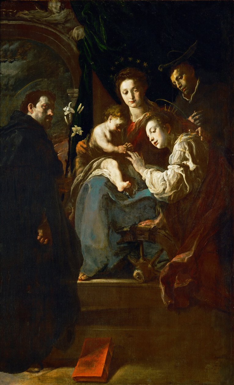 Barokk: Szent Katalin misztikus házassága Szent Domonkossal és Szent Péter vértanúval - Szent Katalin misztikus házassága Szent Domonkos és Péter vértanúval par Fetti, Domenico (1588/90-1623) alkotó: Domenico Fetti or Feti