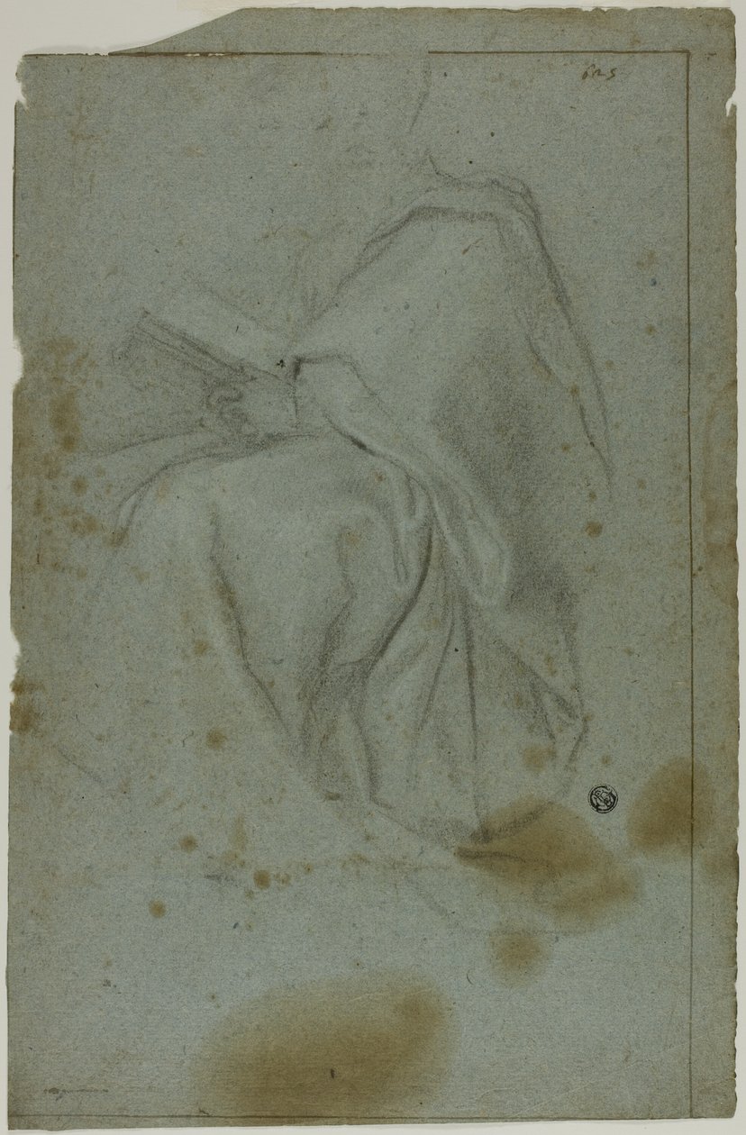Ülő, leterített férfifigura könyvvel (recto); Két ülő nő bal kéz vázlatával (fordítva) alkotó: Domenico Fiasella