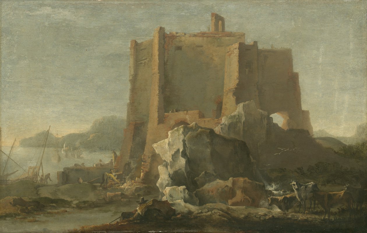 Táj sziklával és erődítménnyel, 1640-50 körül alkotó: Domenico Gargiulo