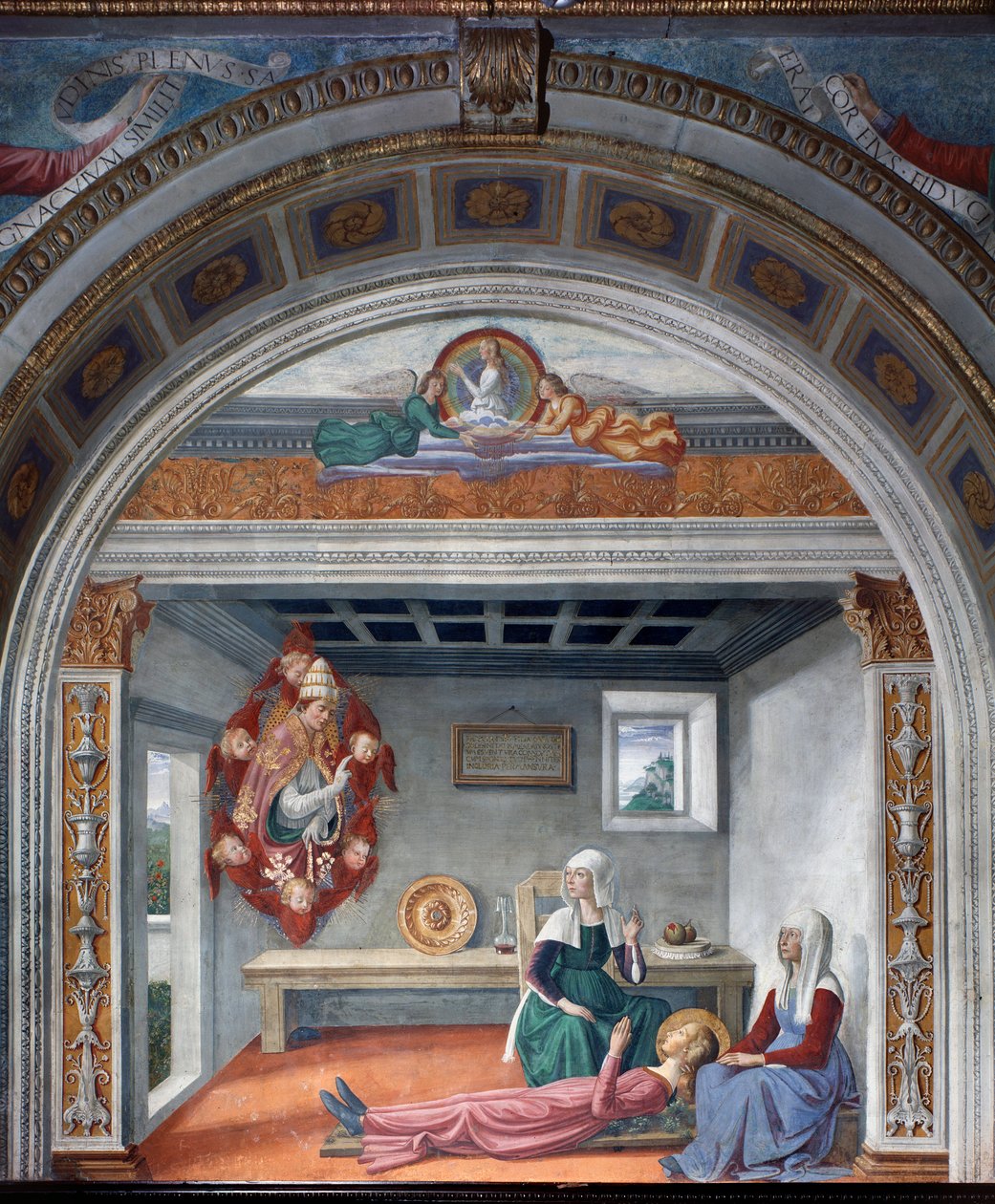 Nagy Szent Gergely halálbejelentése Szent Finának - Freskó alkotó: Domenico Ghirlandaio