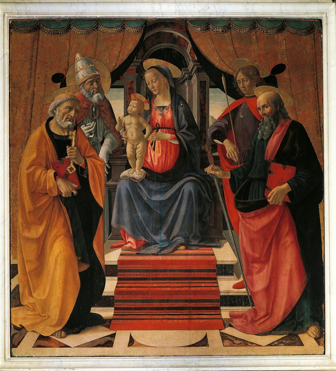 Szent beszélgetés. Szűz Mária és Jézus Krisztus Szent Péterrel, Szent Pállal, Szent Sebestyénnel és Szent Kelemen pápával körülvéve (festmény alkotó: Domenico Ghirlandaio