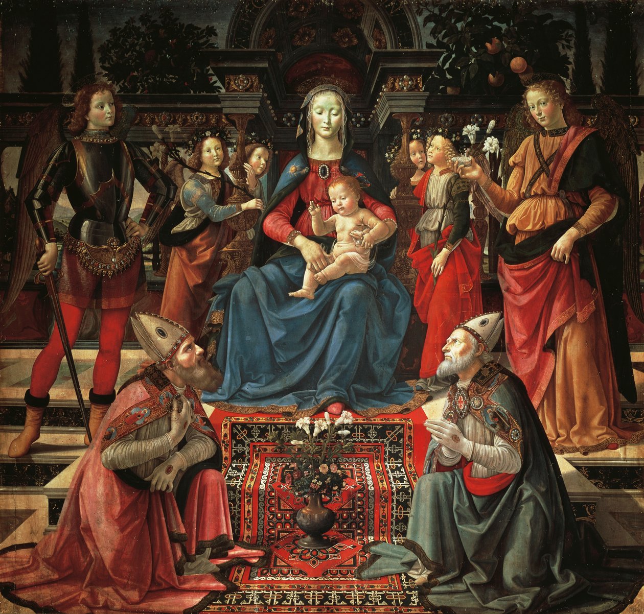 Madonna és a trónoló gyermek, Szent Zenobius, Szent Just, Szent Mihály arkangyal és Szent Rafael arkangyal, kb 1483, Domenico Ghirlandaio (1449-1494), tempera fán alkotó: Domenico Ghirlandaio