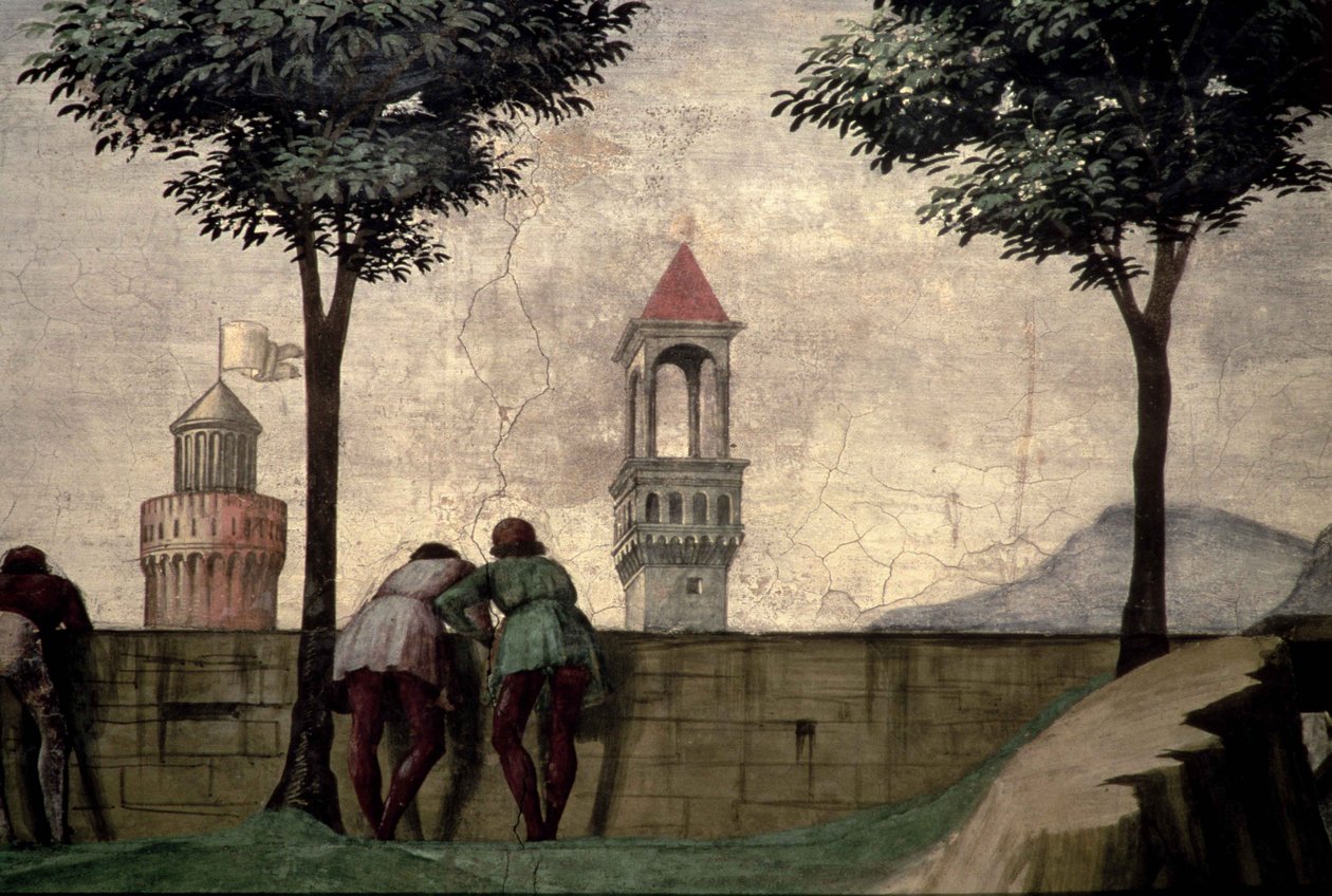 Férfiak, akik átnéznek a falon, a látogatásból alkotó: Domenico Ghirlandaio