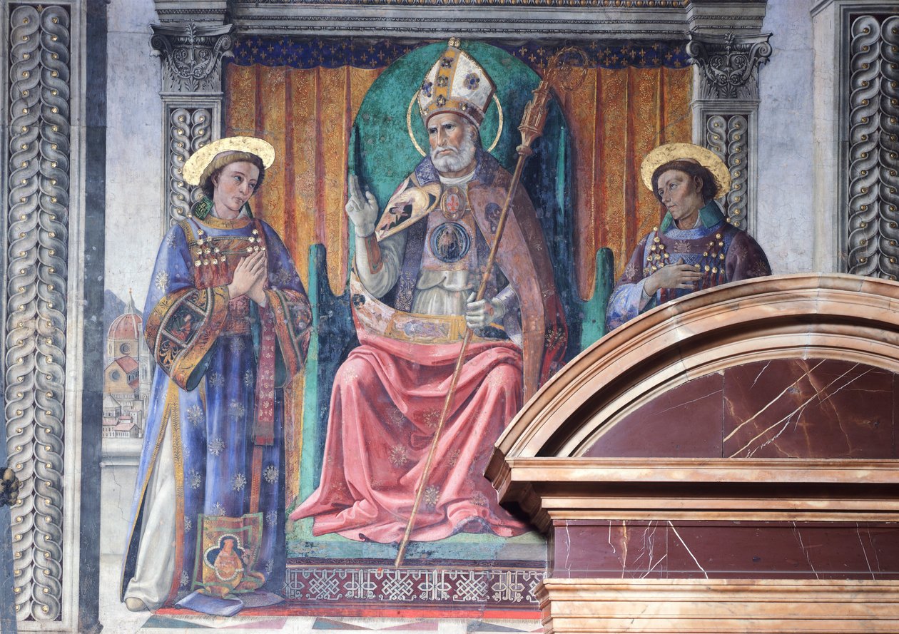 Szent Zenobius, Firenze püspöke és védelmezője Szent Jenő és Crescenzio között, valamint Marzocco, az oroszlán, Domenico Ghirlandaio (1449-1494) város szimbóluma, freskó, részlet, Palazzo Vecchio, Liliom szoba (Sala dei Gigli), Firenze alkotó: Domenico Ghirlandaio