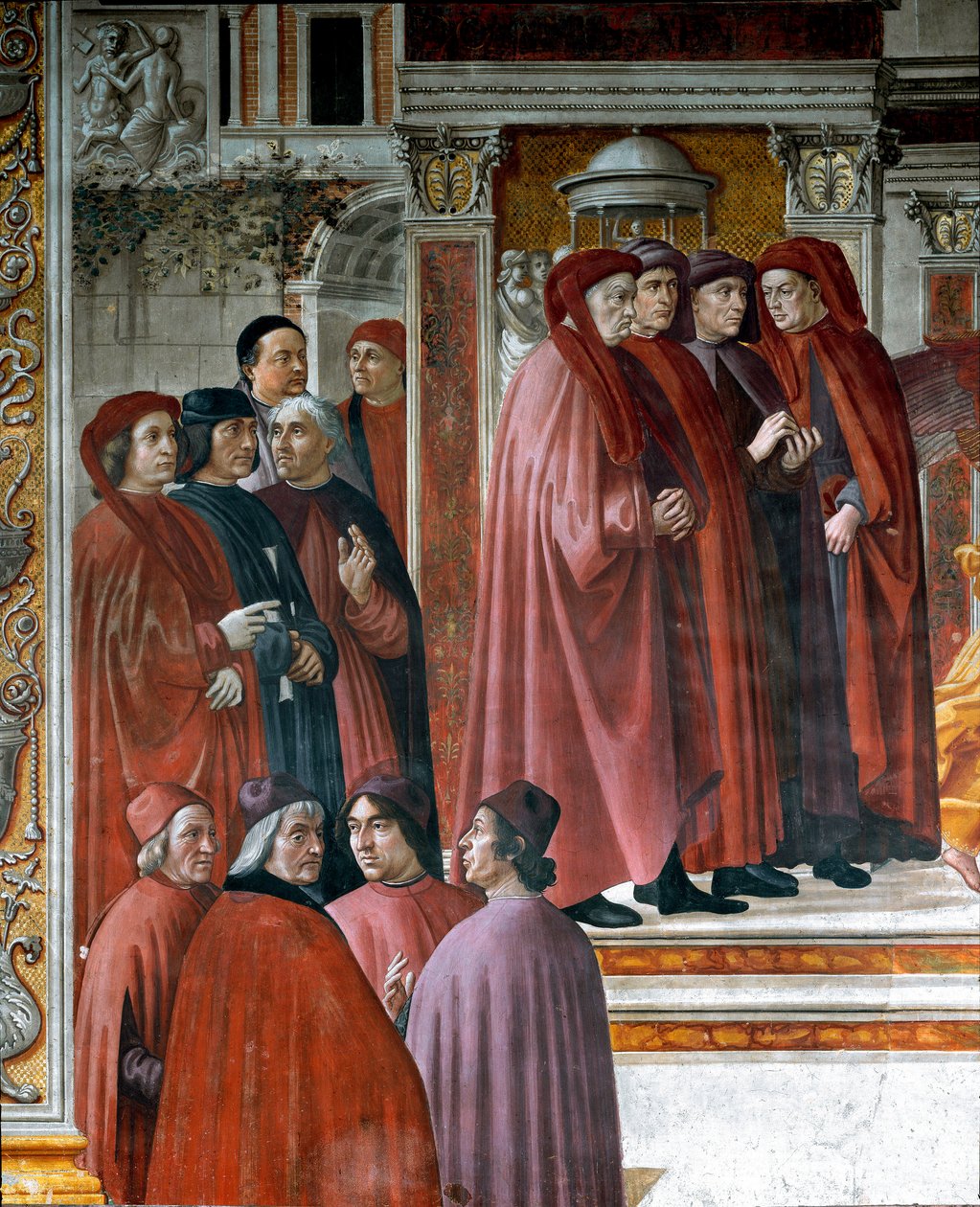 Zakariás (Zaccharia) bejelentése Balra lent Marsile Ficin (Ficino), Cristoforo Landino, Angelo Poliziano és Demetrios Chalkondyles (Calcondila) gondolkodók és értelmiségiek láthatók. Részlet. Domenico di Tommaso Bigordi dit Ghirlandaio freskója (14 alkotó: Domenico Ghirlandaio