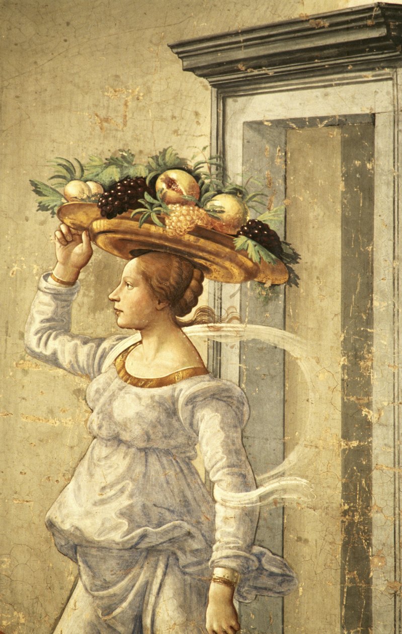 Gyümölcsöt hordozó nő, Keresztelő Szent János születésétől alkotó: Domenico Ghirlandaio