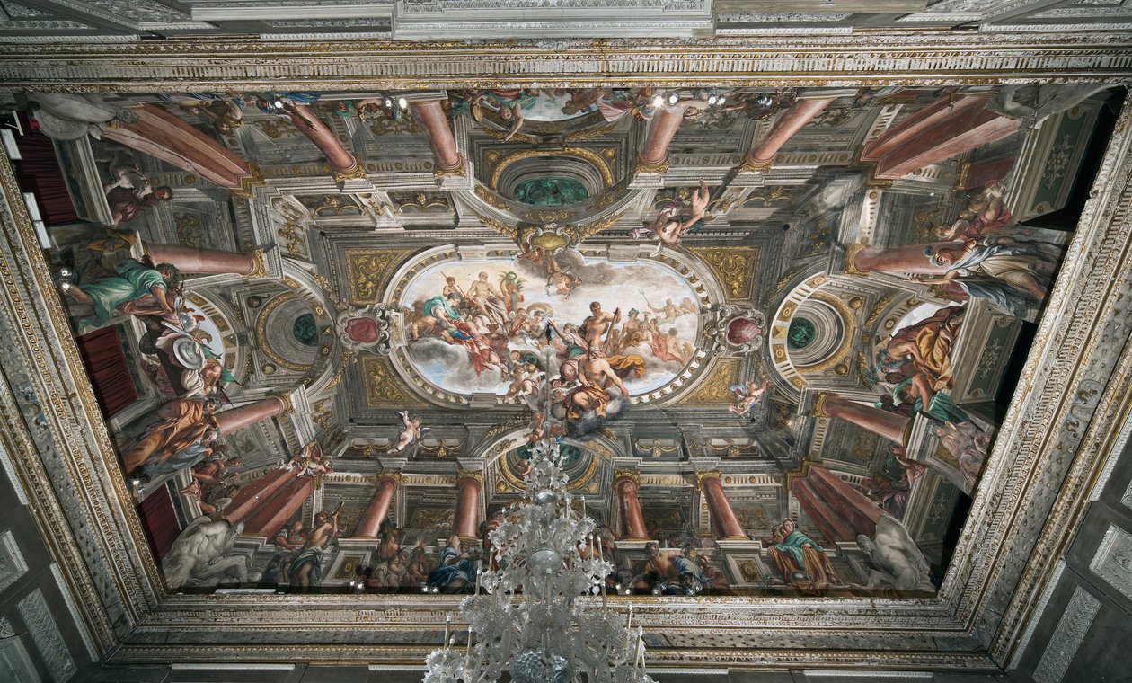 Janus templomának (vagy a béke allegóriájának) kulcsainak felajánlása Jupiternek, a nemesi padló mennyezete, 1665 körül (freskó) alkotó: Domenico I Piola