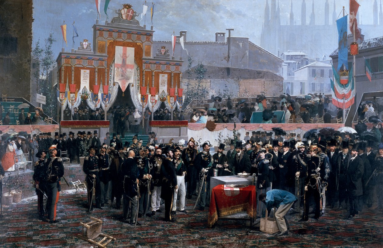 A Galleria Victor Emmanuel II alapkőletételi ünnepség Milánóban, március 7-én alkotó: Domenico Induno