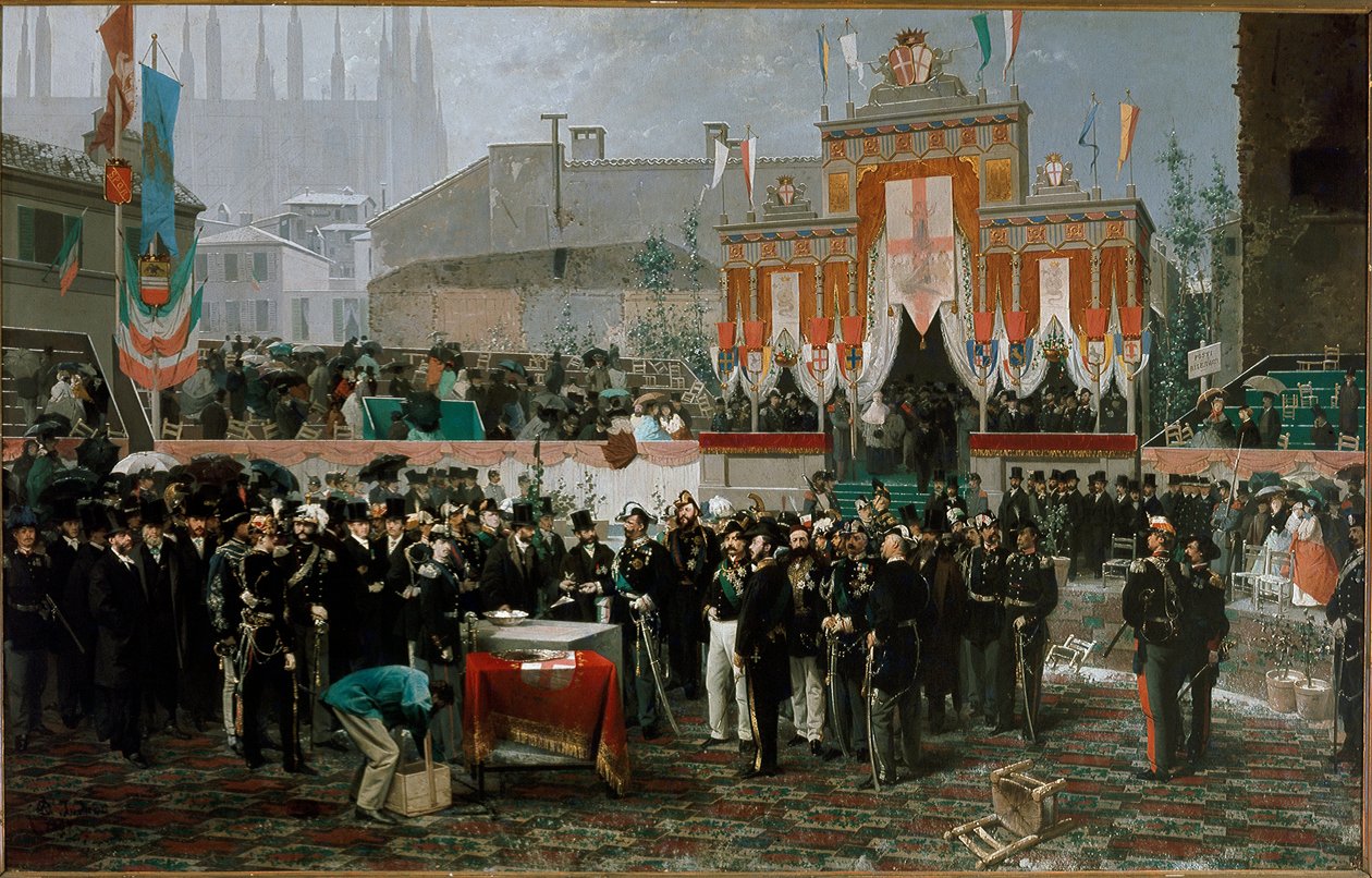 Ünnepély a Vittorio Emanuele II. képtár sarokkövéért 1865. március 7-én (olaj, fa alkotó: Domenico Induno
