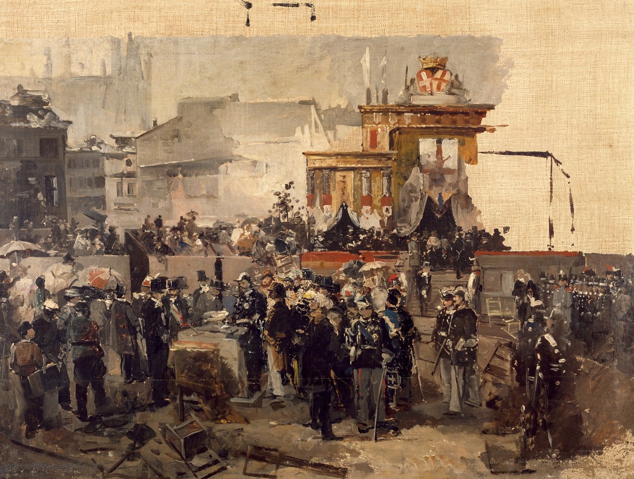 A milánói Galleria Victor Emmanuel II. alapkőletétele, március 7. alkotó: Domenico Induno