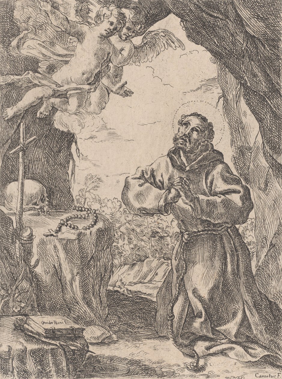Assisi Szent Ferenc egy feszület előtt térdel, bal felső sarokban két angyallal, 1643-44. alkotó: Domenico Maria Canuti