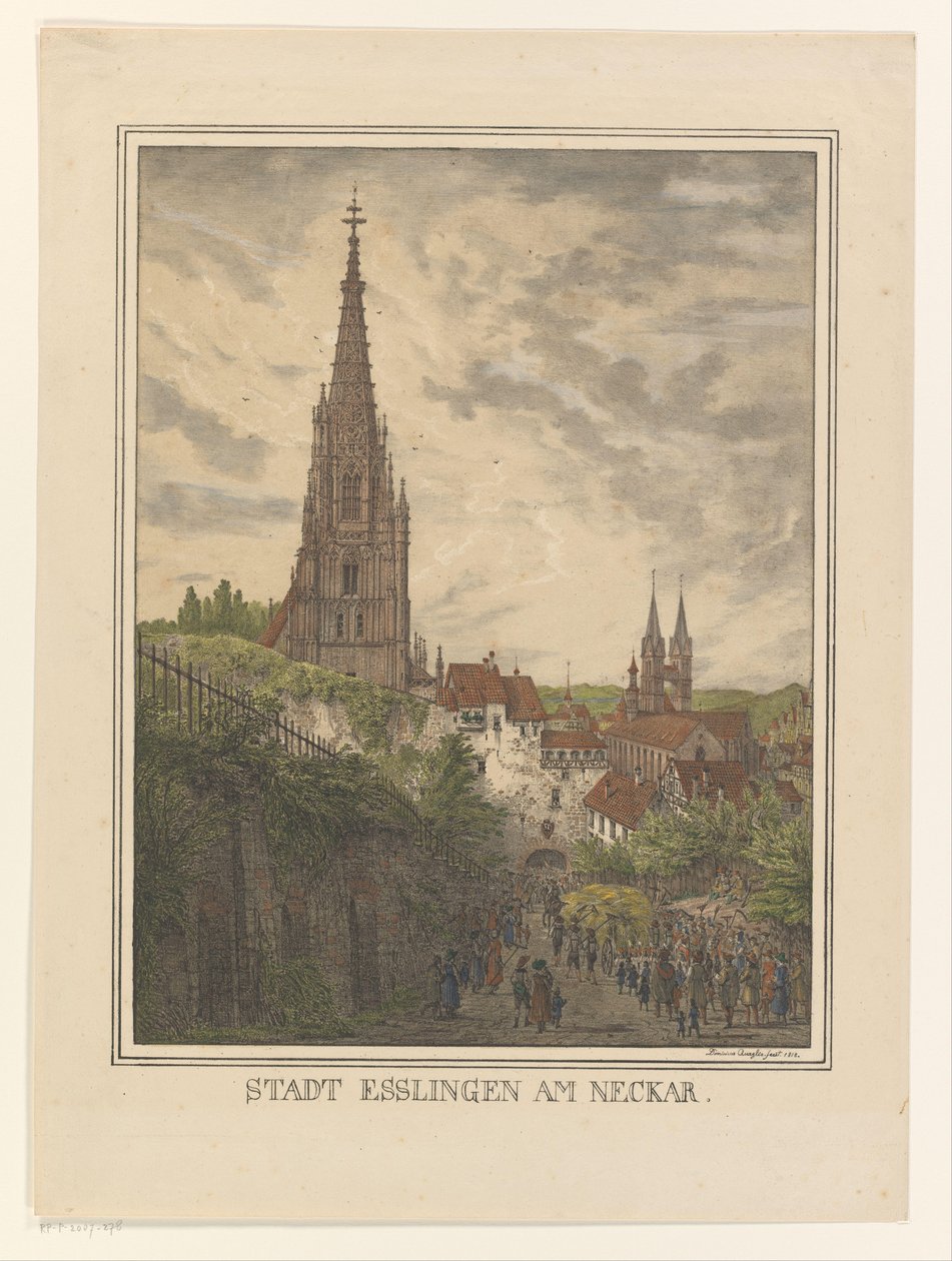 Kilátás Esslingenre Neckar közelében Esslingen am Neckar városa (cím a tárgyon) alkotó: Domenico Quaglio (II)