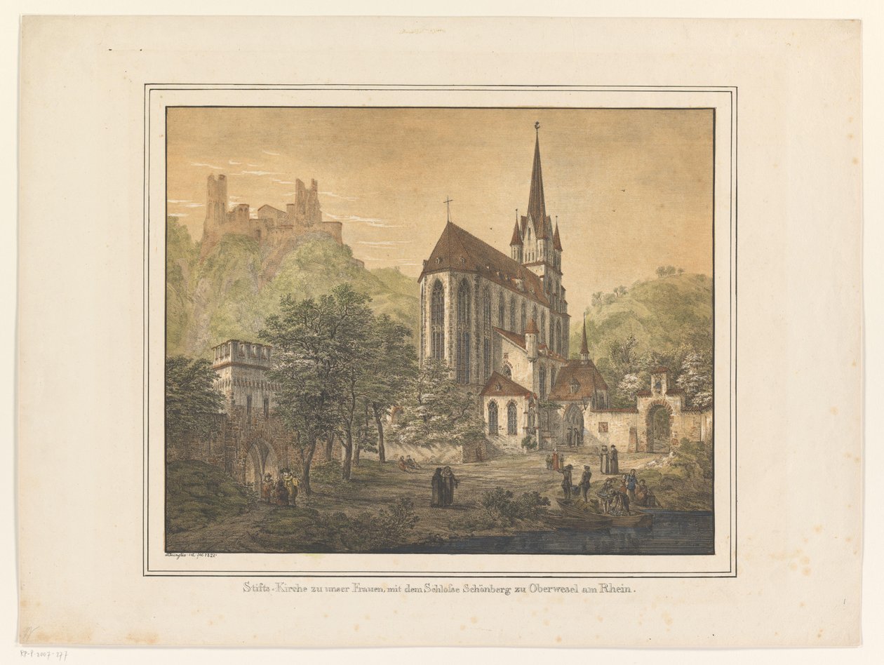 Gezicht op de Kerk en het kasteel te Oberwesel Kollégiumi Boldogasszony-templom a Schönberg-kastéllyal Oberwesel am Rheinben (cím a tárgyon) alkotó: Domenico Quaglio (II)