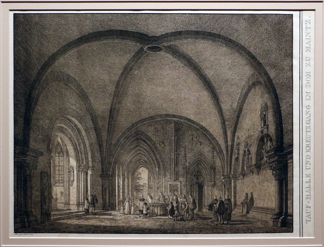 Domenico quaglio II, a mainzi dóm keresztelőmedencéje és kerengője, a németországi emlékezetes középkori épületek gyűjteményéből, 1823, litográfia alkotó: Domenico Quaglio the Younger