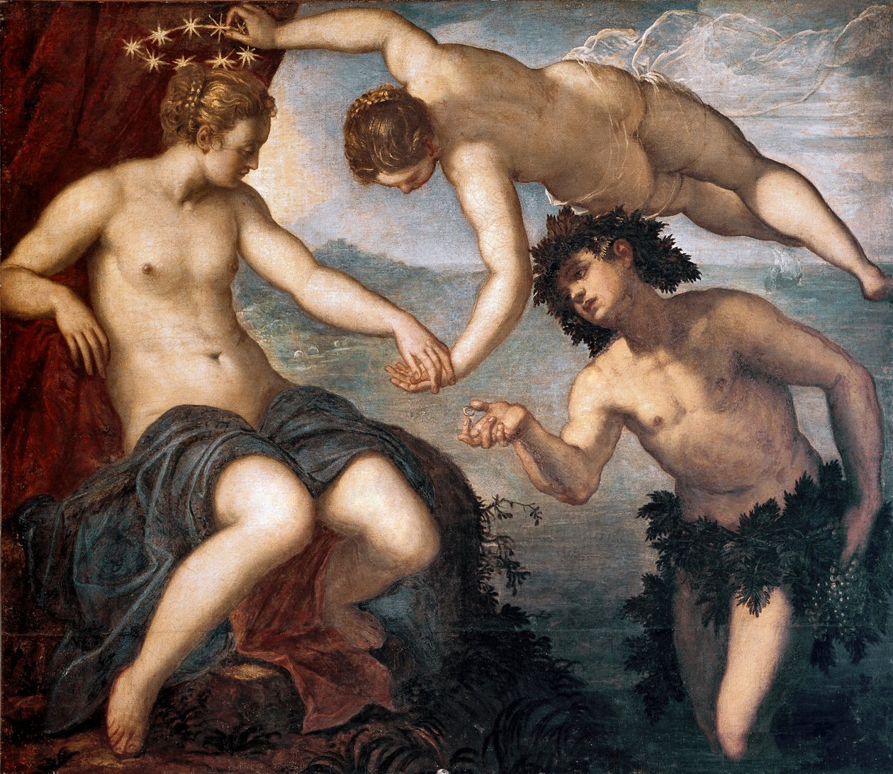 Bacchus, Vénusz és Ariane festménye, Tintoretto vagy Tintoret (Jacopo Robusti) (1518-1594) 1577-1580 V. 146x167 cm Antikollégium csempe, Dózse palota, Velence alkotó: Domenico Robusti Tintoretto