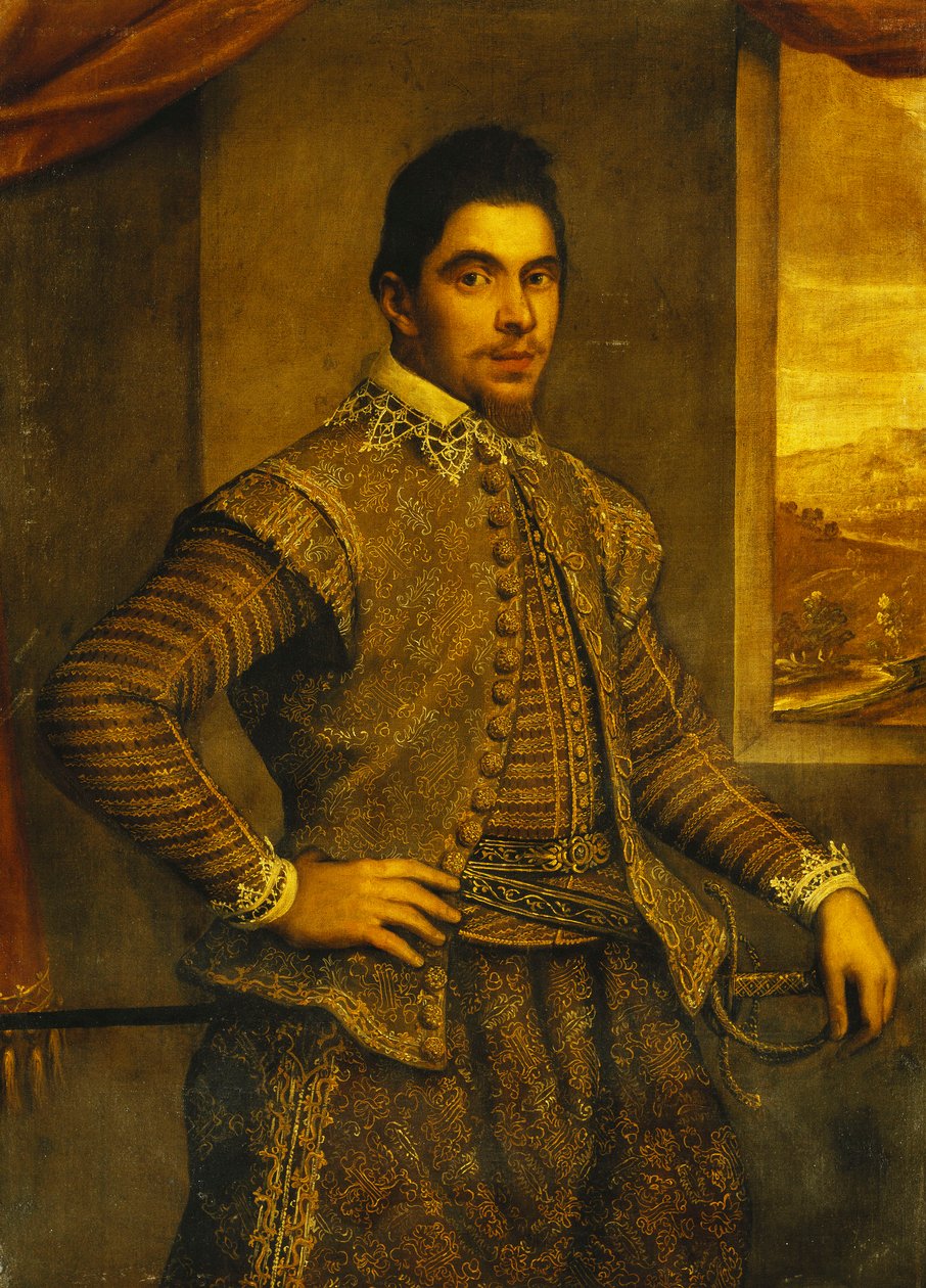 Egy úriember portréja, álló háromnegyed hosszúságban, igényesen hímzett jelmezben, ablak előtt, tájon túl, alkotó: Domenico Robusti Tintoretto