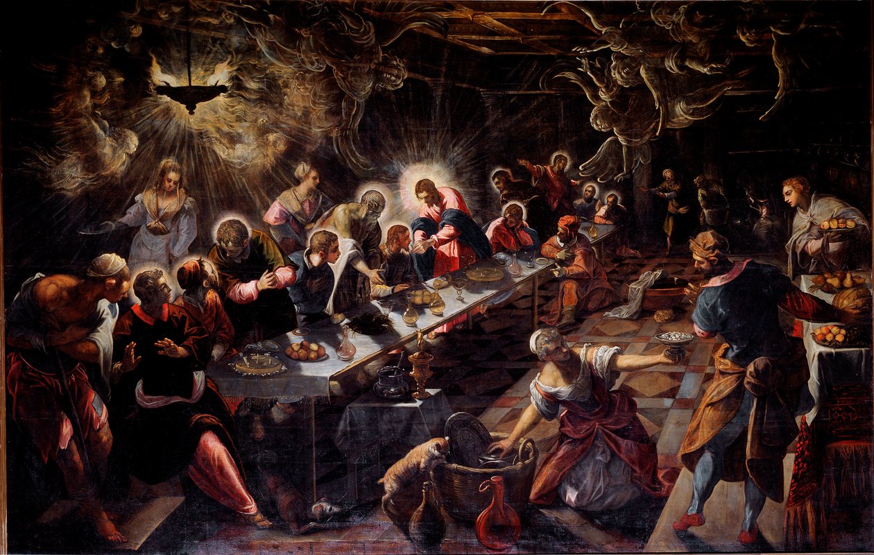 Az utolsó vacsora (La cene) Jacopo Robusti festménye szerint a Tintoret (Tintoretto) (1518-1594) 1592-1594 V. 365x568 cm Velence, San Giorgio templom alkotó: Domenico Robusti Tintoretto