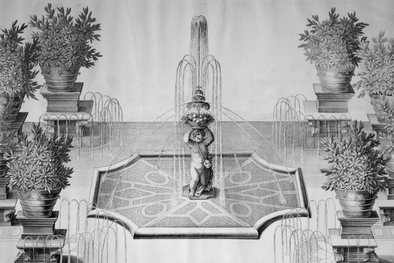 Virágkút a Villa Barbarigo kertjében Valsanzibóban (Veneto), Domenico Rossetti (1651-1736) metszetei a Kitűnő Casa Barbariga Valsanzibio gyárai és kertjei, 1702-ben, Veronában, Olaszországban. alkotó: Domenico Rossetti