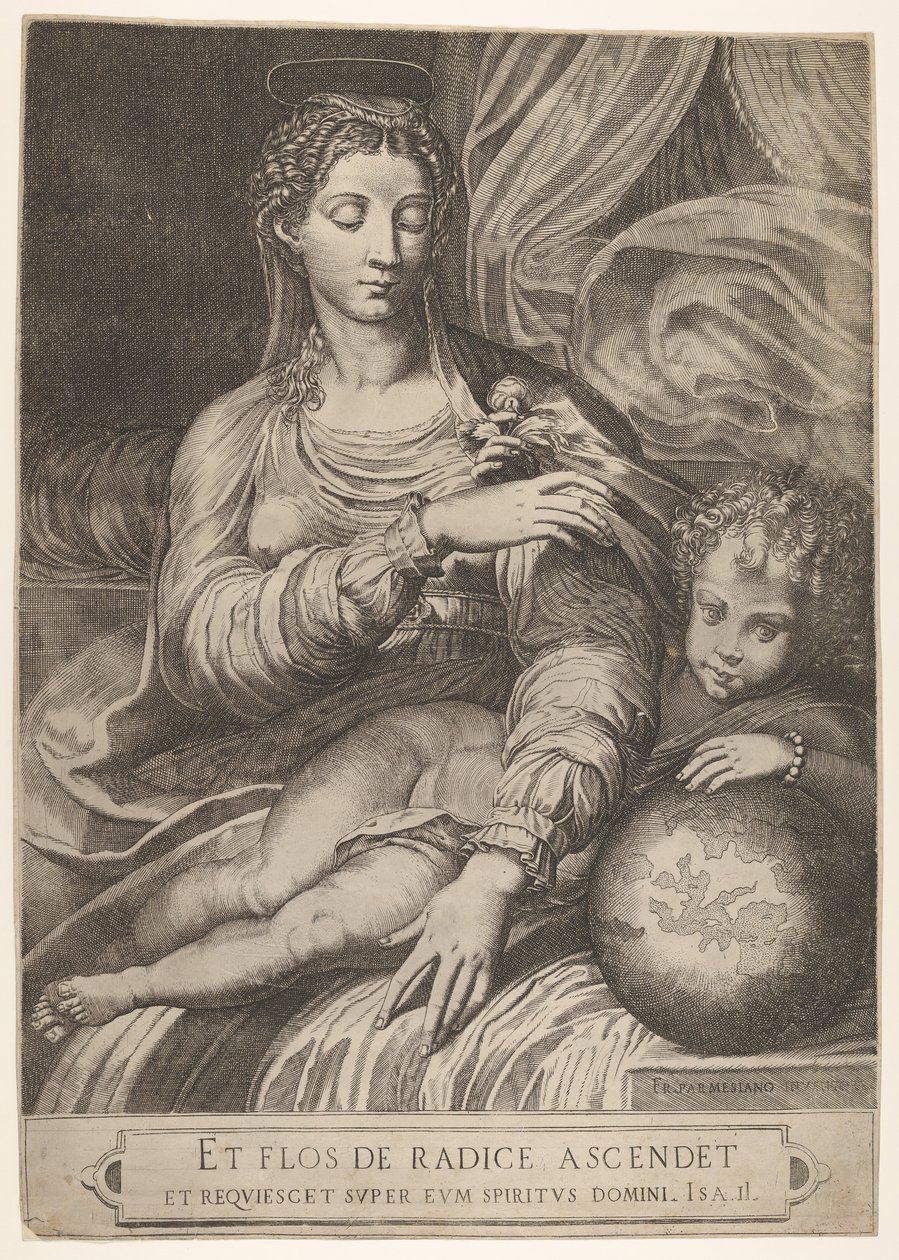 Rózsa Madonna egy rózsáért nyúl, amelyet a Krisztus gyermeke tart, aki a balját pihenteti..., 1560-75. alkotó: Domenico Tibaldi