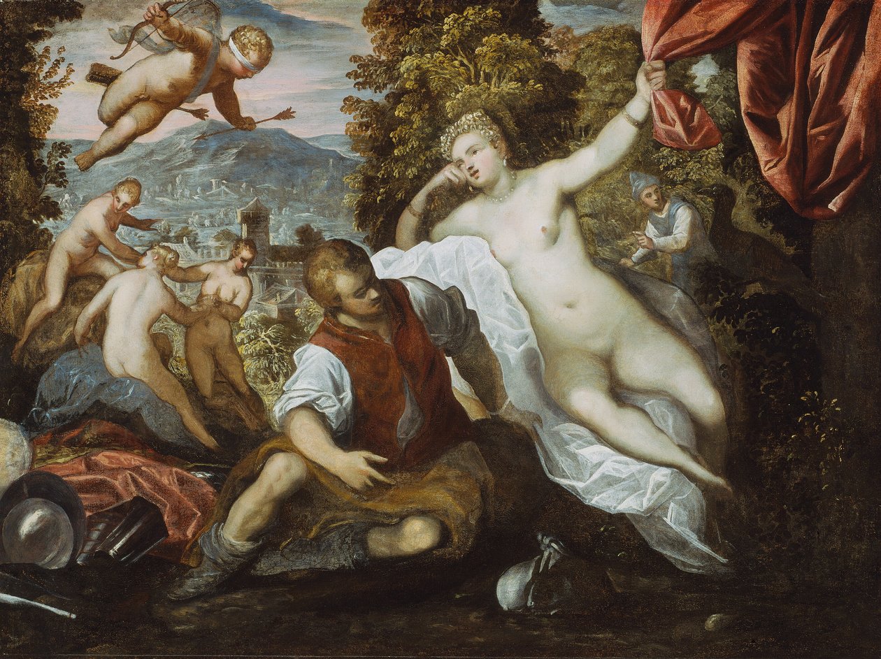 Vénusz és Mars Ámorral és a három gráciával egy tájképben alkotó: Domenico Tintoretto