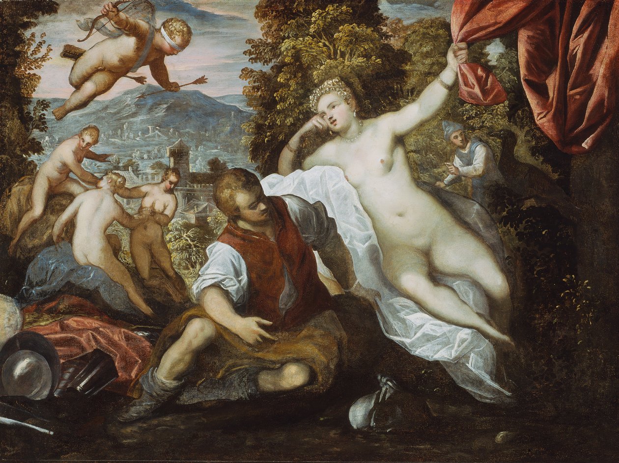 Vénusz és Mars Ámorral és a három gráciával egy tájban, 159095 alkotó: Domenico Tintoretto