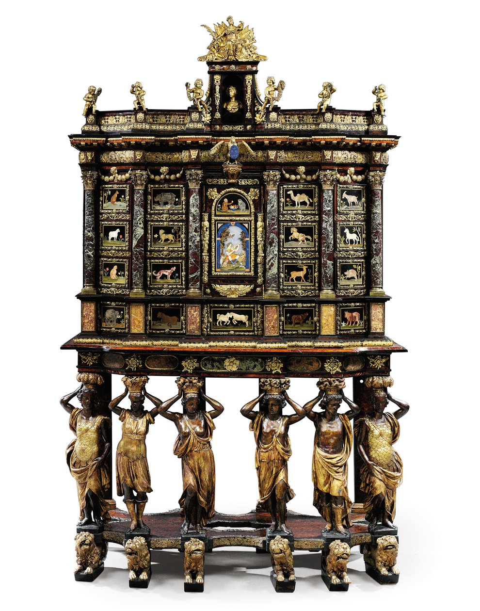 XIV. Lajos állványos szekrény (aranyozott bronz, pietra dura, teknőspáncél, kőris, ebonizált és aranyozott parcella) (lásd még: 1766356-7) alkotó: Domenico and Gobelins workshop (attr. to) Cucci