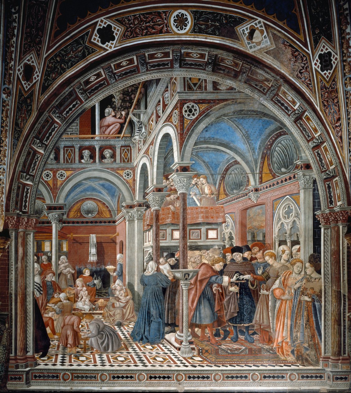 Kilátás a sienai Santa Maria della Scala árvaházra A bal oldalon a dadusok gondozzák az elhagyott gyerekeket, a jobb oldalon egy nősülésre kényszerített terhes nő. Domenico di Bartolo freskója (aktív 1428 és 1447 között) Spedale di Santa Maria del alkotó: Domenico di Bartolo