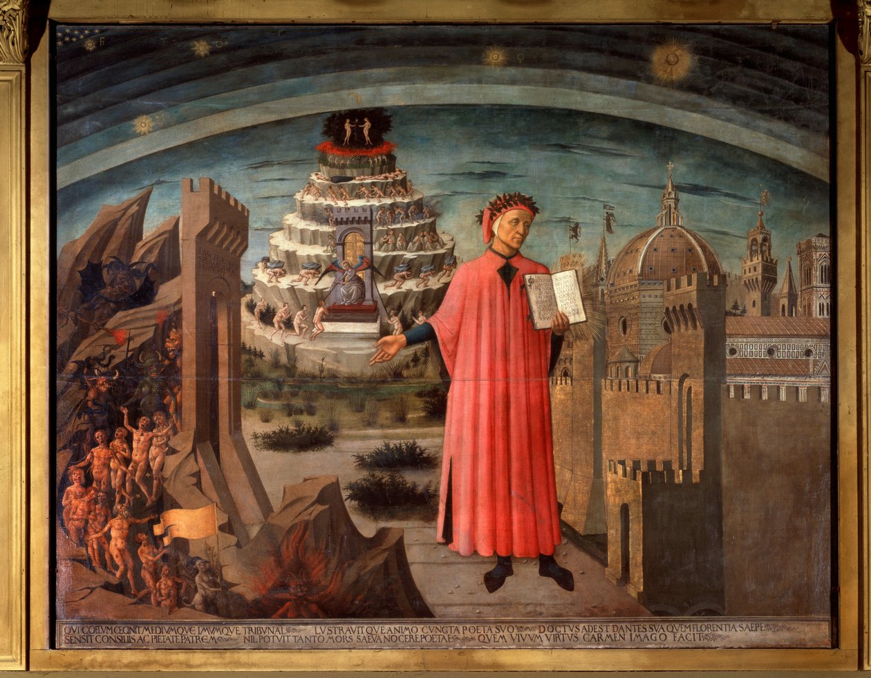Dante Alighieri és komédiája. Dante bérlő portréja a fő isteni vígjátékban alkotó: Domenico di Michelino