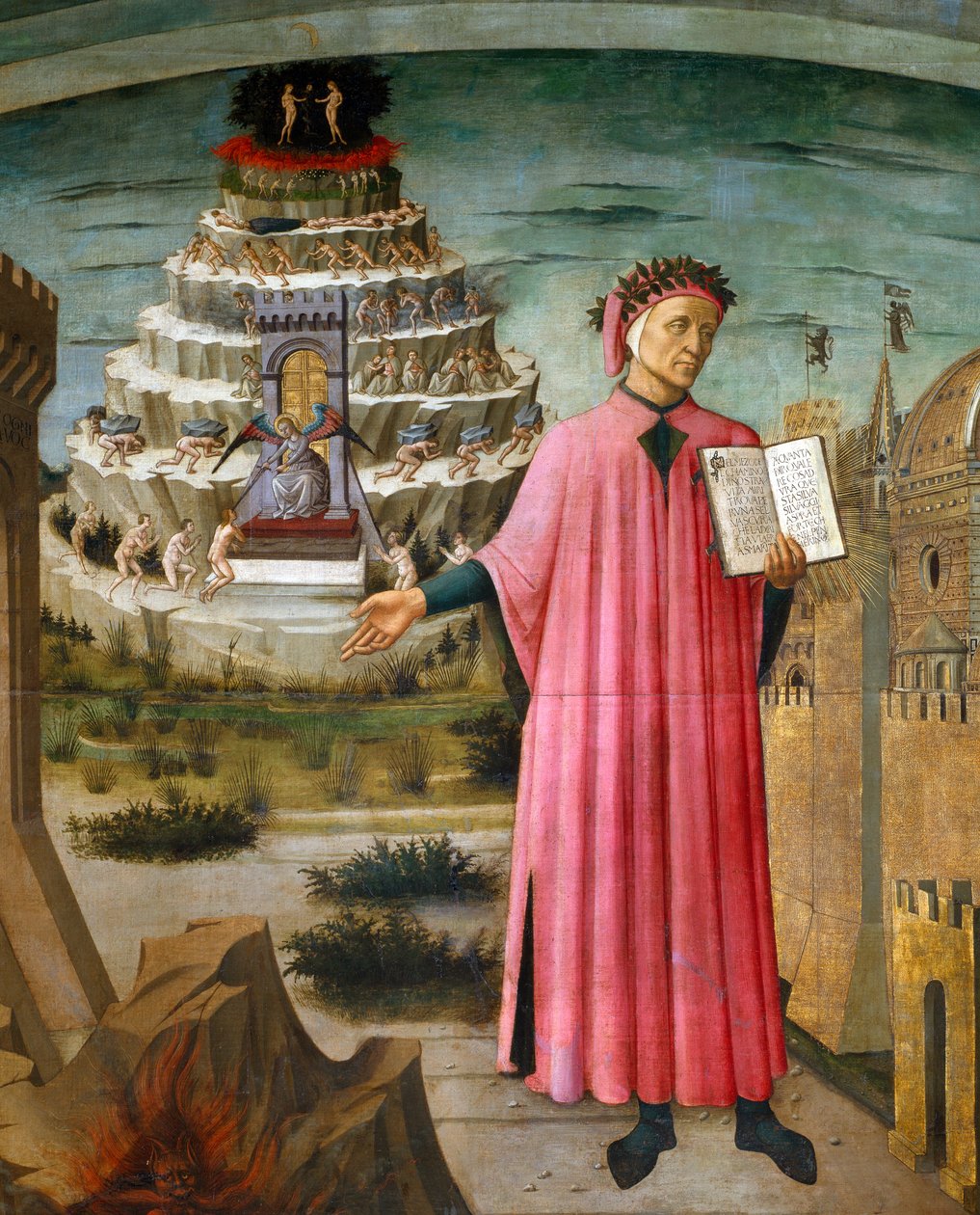 Dante Alighieri az Isteni színjáték című versét tartja kezében. Közelében a pokol és Firenze városa, a háttérben a Purgatórium és a Paradicsom alkotó: Domenico di Michelino