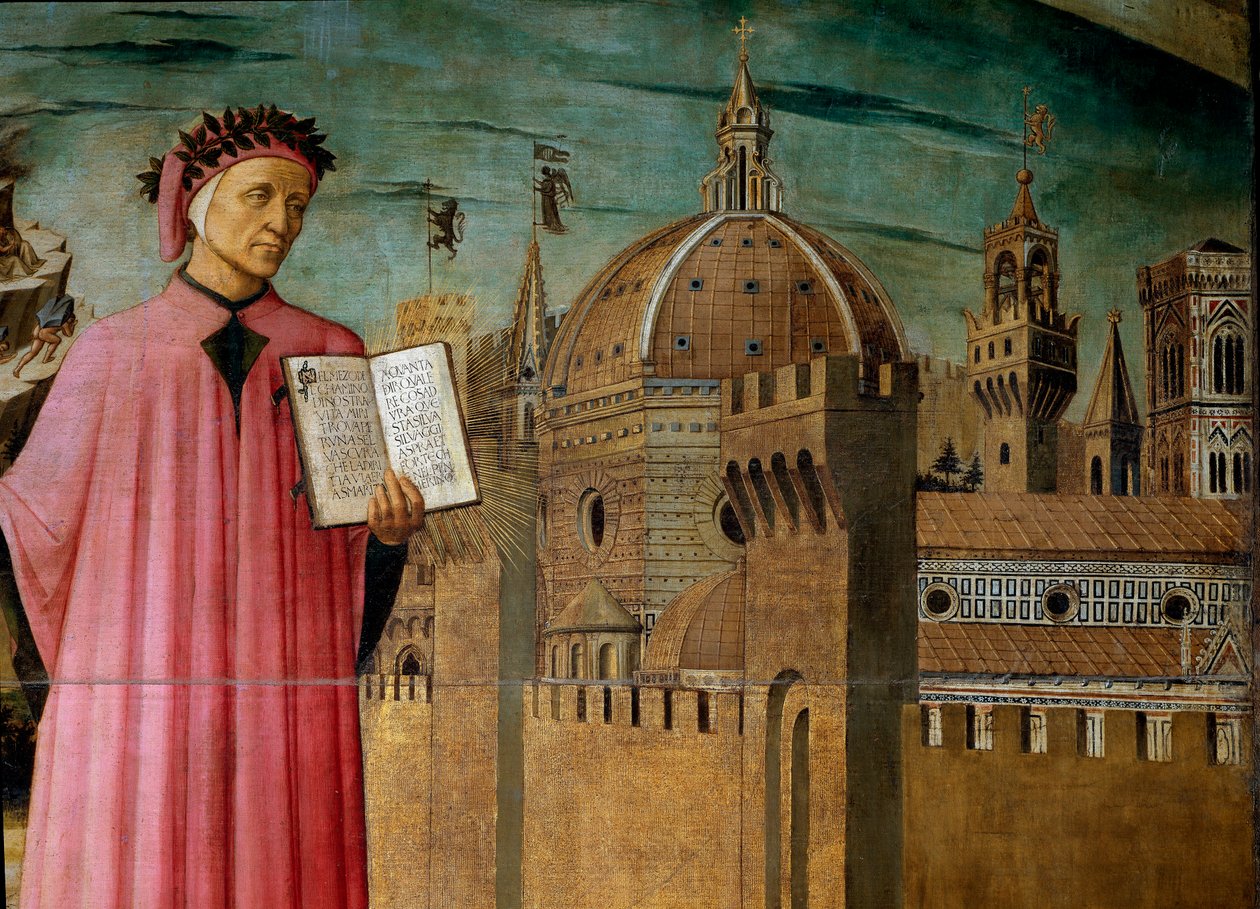 Dante Alighieri az Isteni színjáték című művét mutatja be. Részlet a költőről és a firenzei Santa Maria del Fiore kupolájából alkotó: Domenico di Michelino