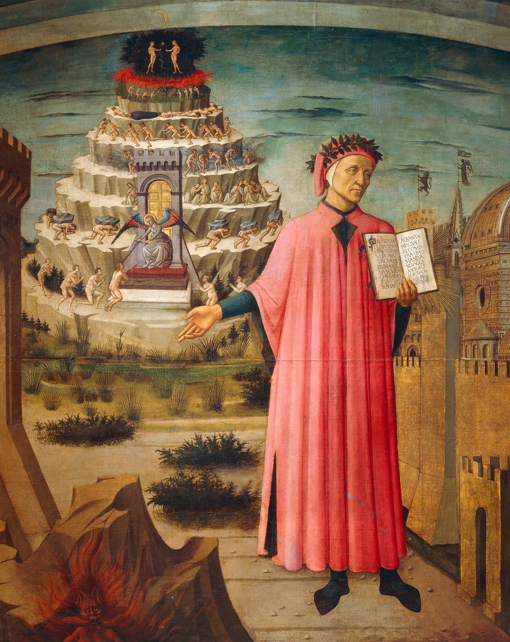 Dante Alighieri az Isteni komédiával a kezében, háttérben a purgatórium hegyei, részlet Dante Alighieri (1265-1321) Isteni komédiájából, Domenico di Michelino (1417-1491) freskója, Virágos Szent Mária-bazilika, Firenze. Olaszország,1465 alkotó: Domenico di Michelino