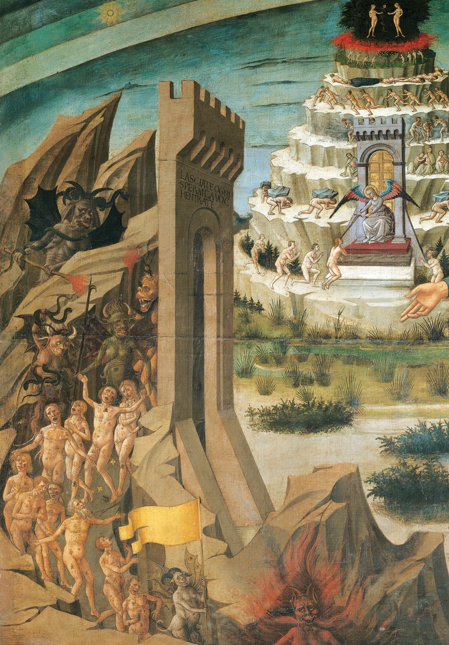 Átkozott alakjai, részlet Dante kezében az Isteni vígjátékot, Domenico di Michelino (1417-1491) freskója, Santa Maria del Fiore katedrális, Firenze, Olaszország alkotó: Domenico di Michelino