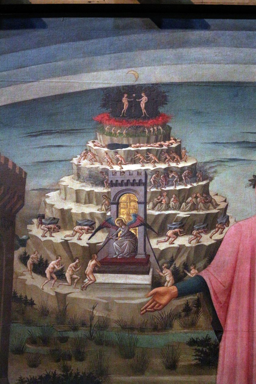 Olaszul:  Dante Dante Alighieri Firenzével és az Isteni komédia birodalmaival (Pokol, tisztítótűz, Paradicsom). alkotó: Domenico di Michelino