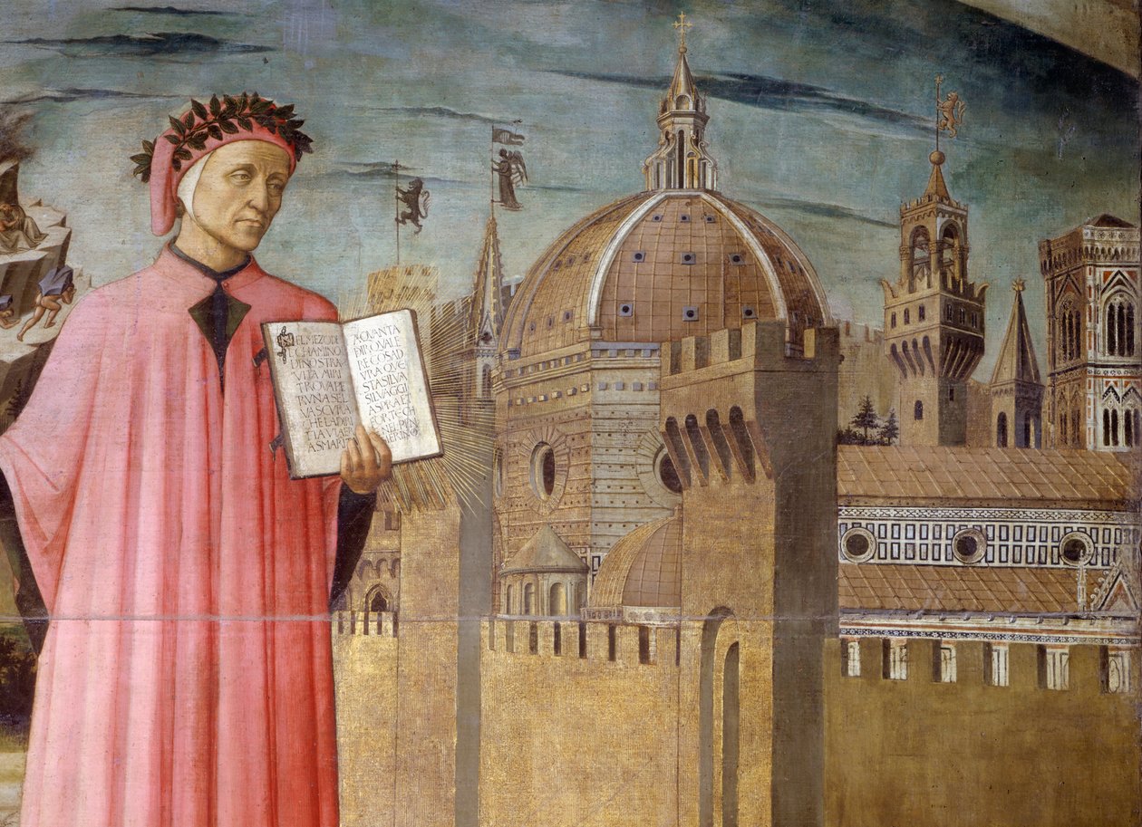 Olaszország, Toszkána régió, Firenze, Dante Alighieri portréja, Firenze és Domenico di Michelino Isteni színjátékának allegóriája alkotó: Domenico di Michelino