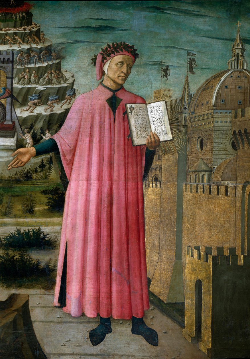 Dante Alighieri (1265-1321) olasz költő La divine comedie "(Az isteni vígjáték)" című művét mutatja be. Részlet. Domenico di Michelino freskója (1417-1491), Cathedrale Santa Maria del Fiore, Firenze. (Dóm, Firenze) Olaszország alkotó: Domenico di Michelino