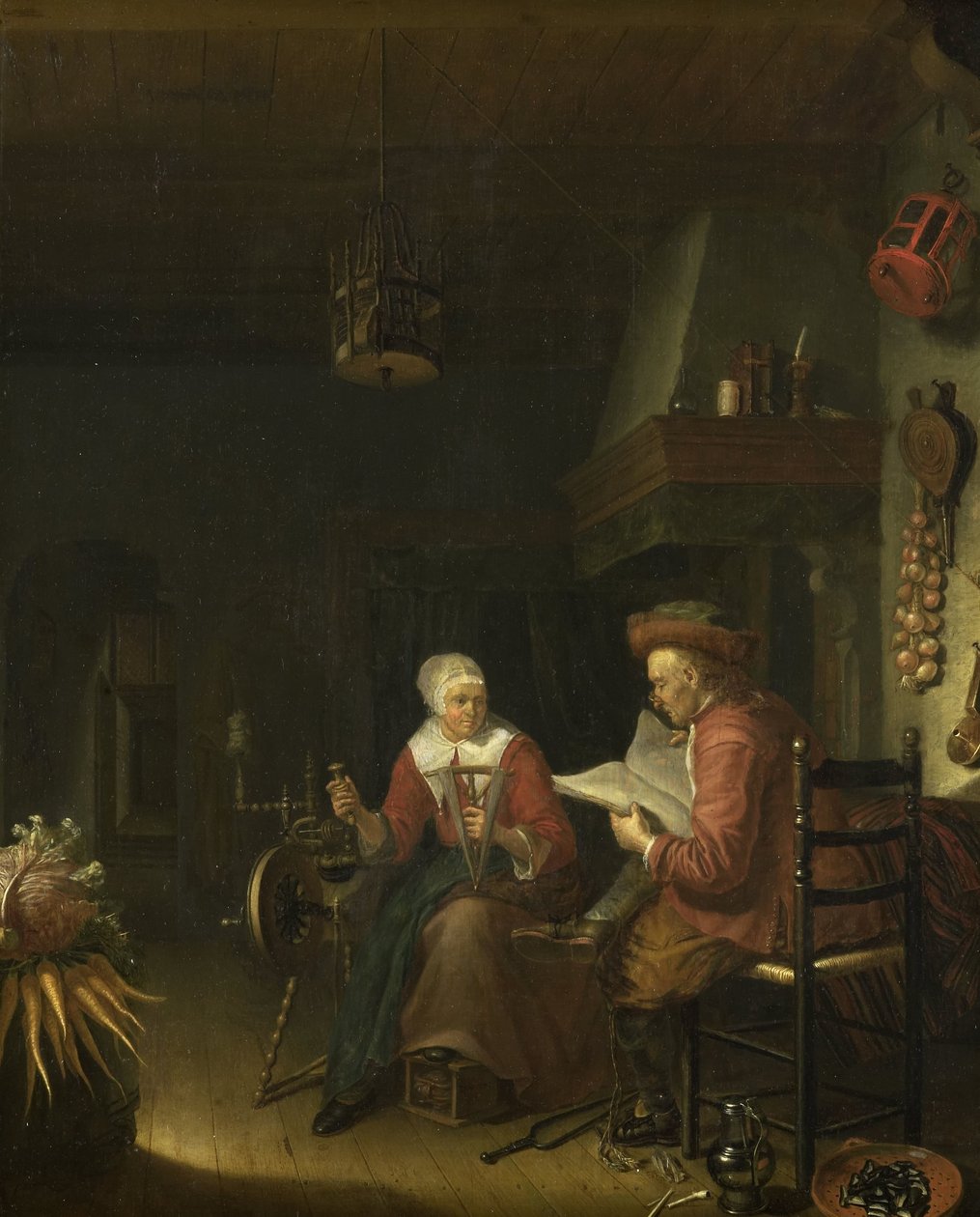 Belső egy férfi olvasó és egy nő fonó fonalat alkotó: Domenicus van Tol