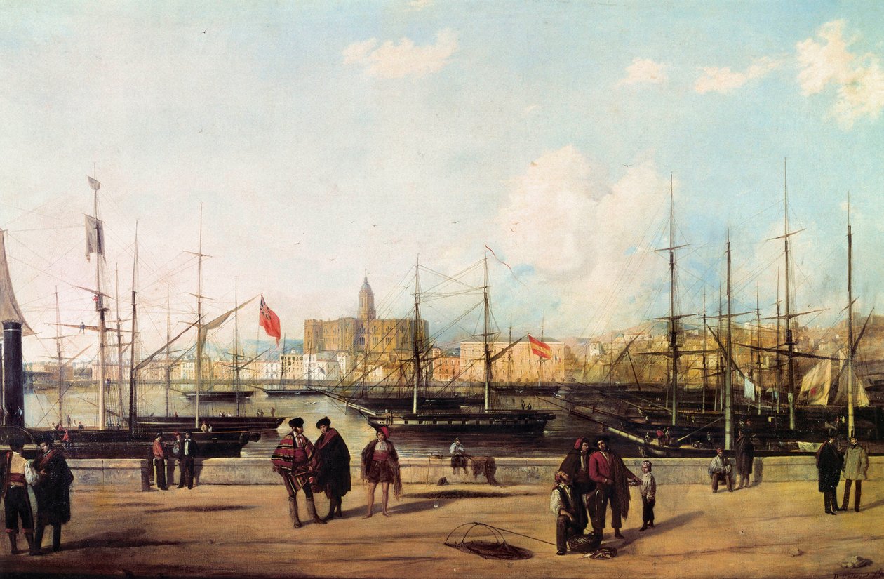 Kilátás a kikötőre, Malaga, Spanyolország alkotó: Domingo Gallego y Alvarez