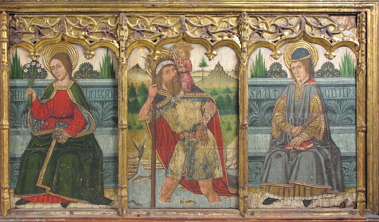 Predella üvegtábla Szent Brigittel, Szent Kristófral és Szent Kiliánnal a Retable-ból, 15. század. alkotó: Domingo Ram