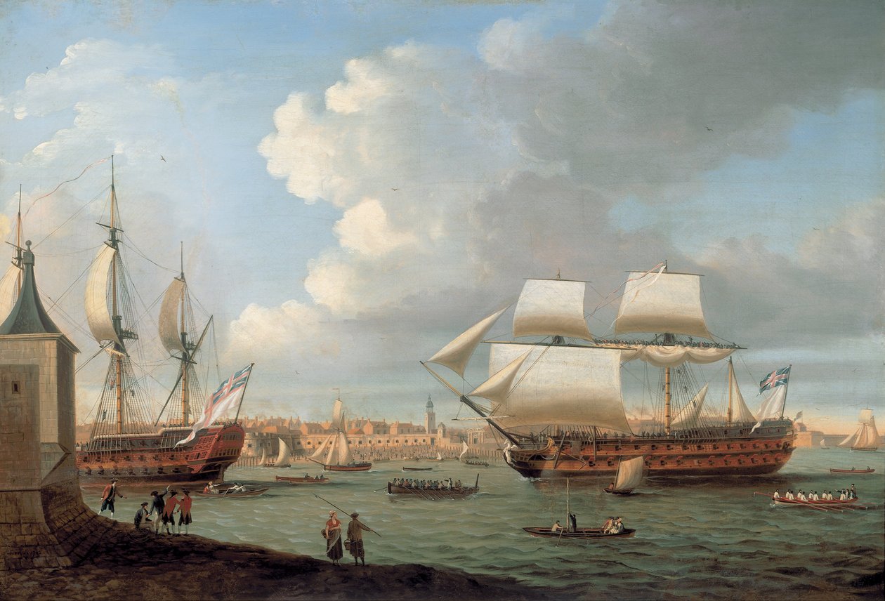 Foudroyant és Pegasus belépnek Portsmouth kikötőjébe, 1782 alkotó: Dominic Serres