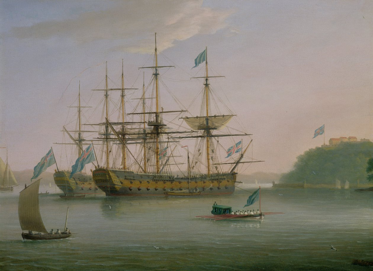 Két brit hadi ember a Mount Edgecombe alatt kikötve, Plymouth államban, az admirális bárkája visszatér a partra alkotó: Dominic Serres