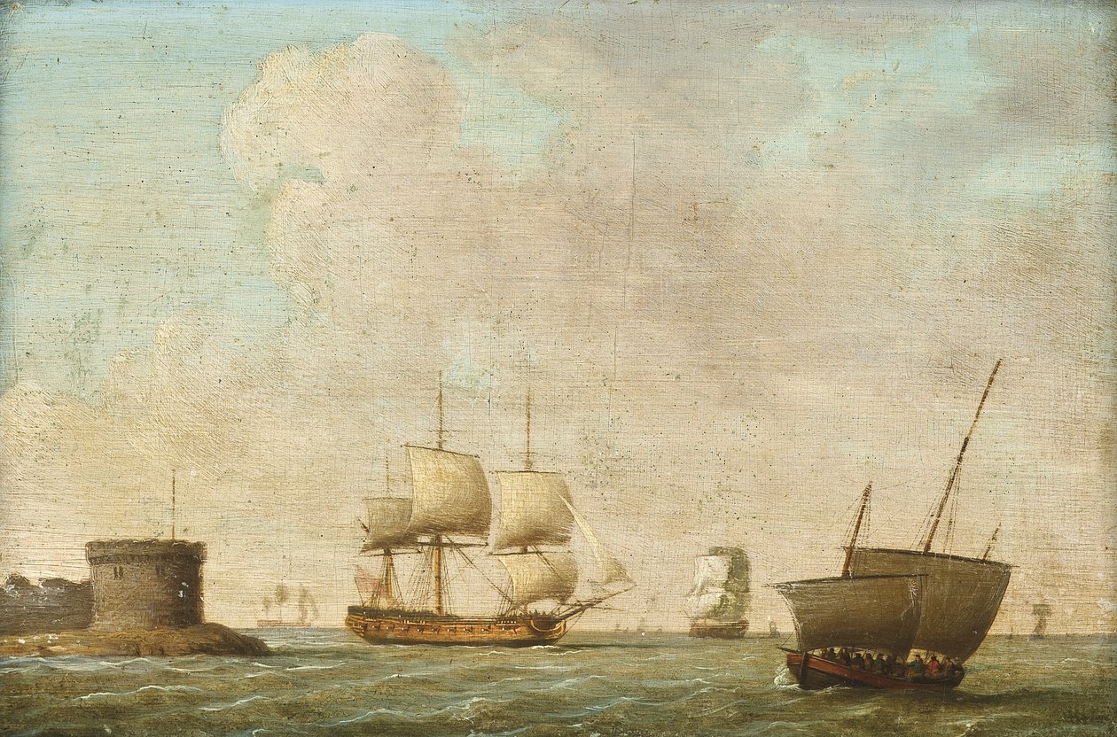 Egy fregatt elhalad egy zsúfolt óceánjáró mellett alkotó: Dominic (attributed to) Serres