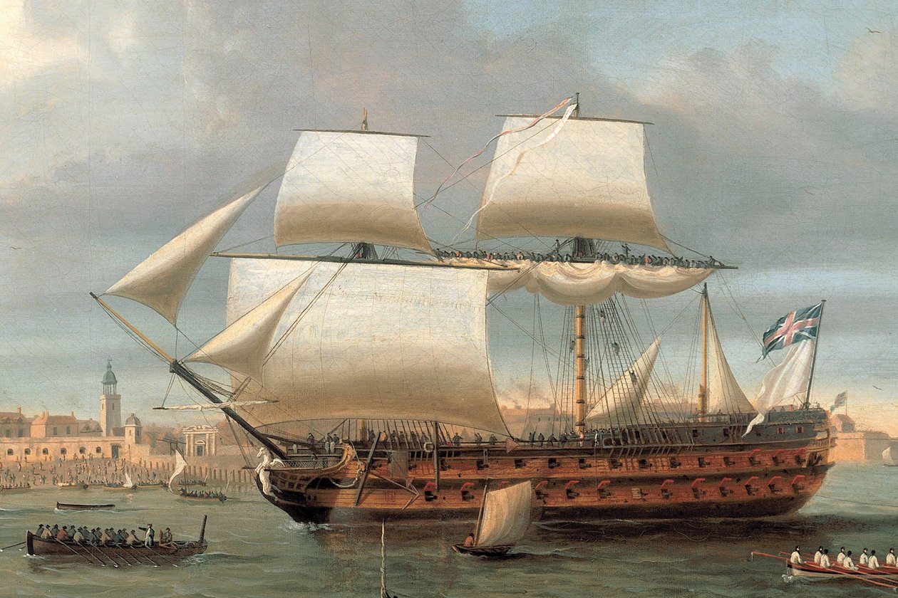 A Foudroyant és a Pégase belép a portsmouthi kikötőbe, 1782 alkotó: Dominic Serres