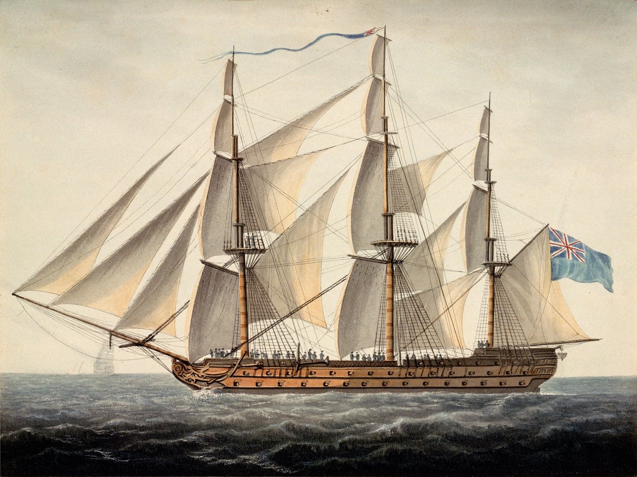 A francia "Sans Pareil" 3. osztályú, 80 ágyúval felszerelt hajó, június elsején foglalták el, 1800 körül (akvarell) alkotó: Dominic Serres