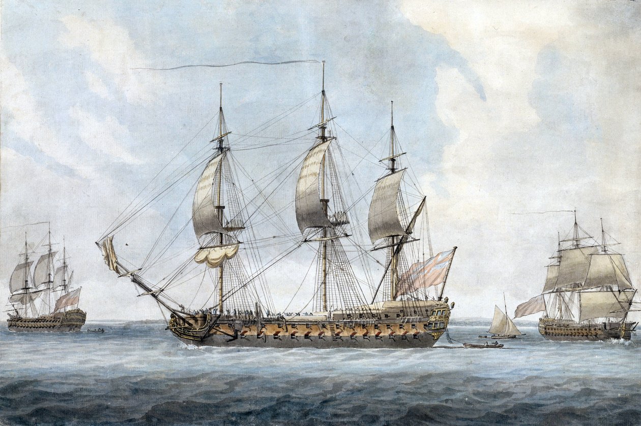 Egy brit 74 ágyús hajó portréja a Solentben (Anglia), három különböző szögből nézve. Idősebb Serres Dominic (1719-1793) festménye, akvarell 1788 körül. alkotó: Dominic Serres